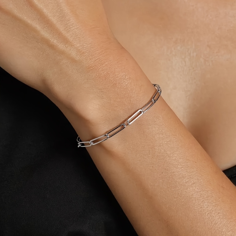 925 Silver Paper Clip Bracelet Adjustable Stackable Minimalist Jewelry